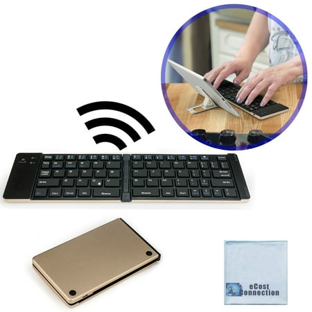 Foldable Bluetooth Keyboard for Computers, Laptops, Tablets, Smartphones, iPhones, Samsung, Android, iPads (Golden) + eCostConnection Microfiber (Best Android Keyboard For Big Fingers)