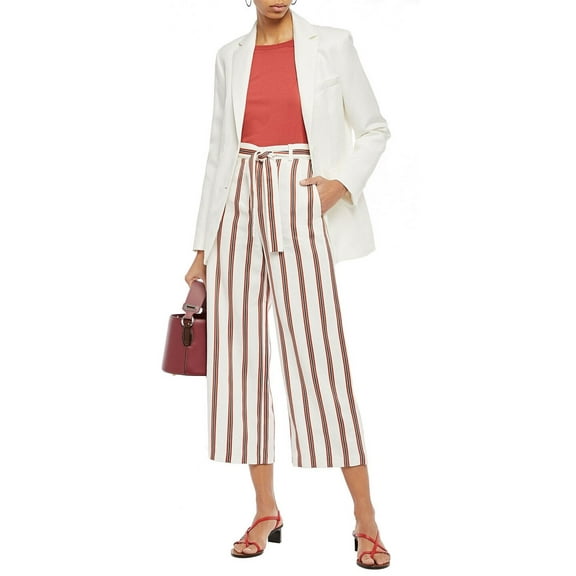 Maje Womens Pomala Cropped Belted Striped Twill Wide Leg Pants 2 Ivory  NWT $295