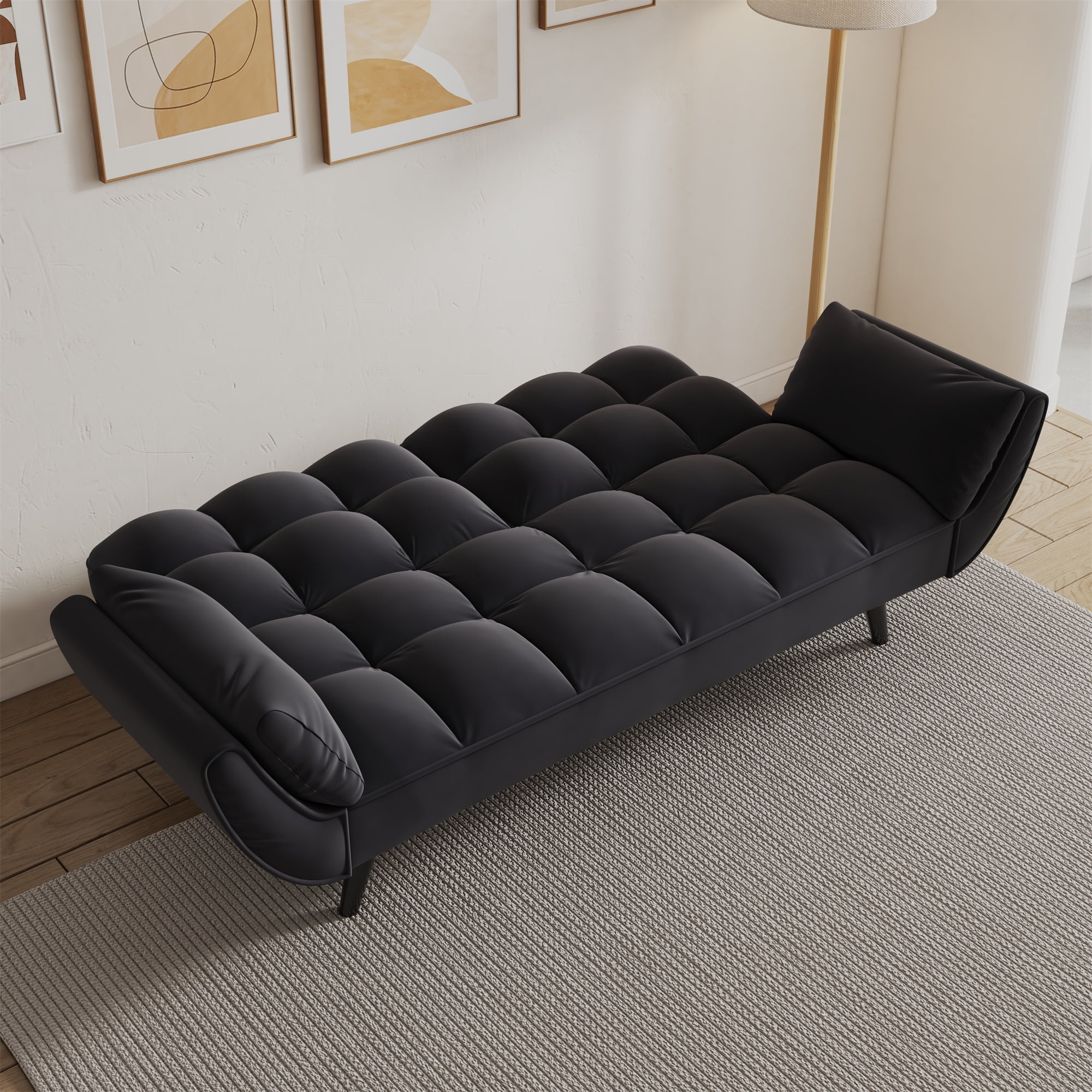 Aukfa Deep Tufted Futon Convertible Sofa Bed, Velvet Sleeper Couch for Home Office, Black