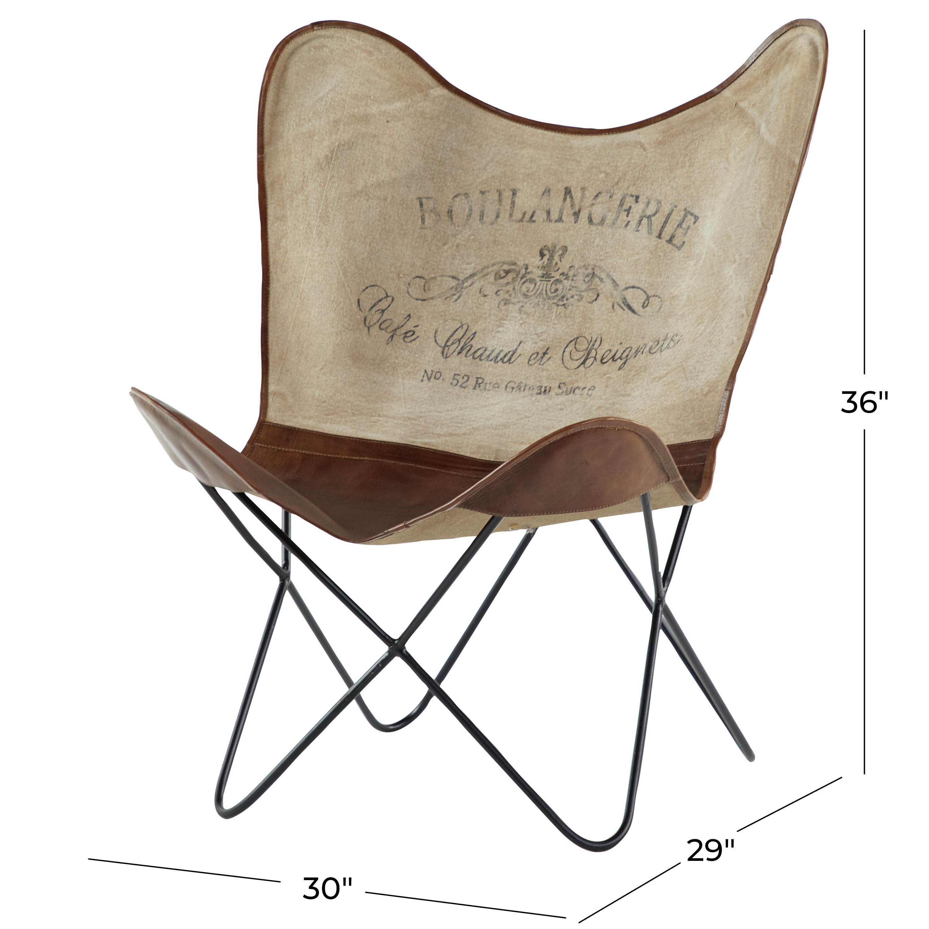 DecMode Contemporary Tan/Brown Canvas Outdoor Chair 30"W x 36"H, Features "BOULANGERIE Café Chaud et Beignets No 52 Rue Gateau Sucre" Text
