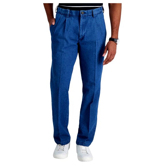 Haggar Men's Work to Weekend Pleated Front Denim Pants - Expandable Waistband, Stonewash, 42X30