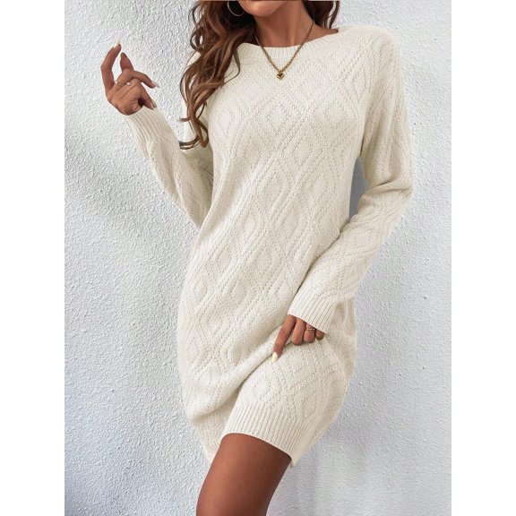 Womens White Knit Sweater Dress, Long Sleeve Casual Drop Shoulder Mini