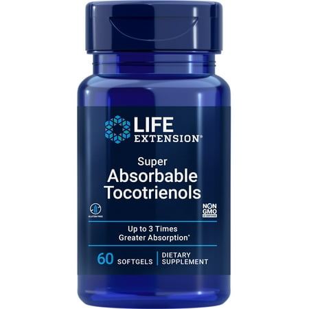 Life Extension Super Absorbable Tocotrienols, vitamin E as D-alpha tocopherol, mixed tocotrienols, supports hair growth, brain function, gluten-free, non-GMO, 60 softgels