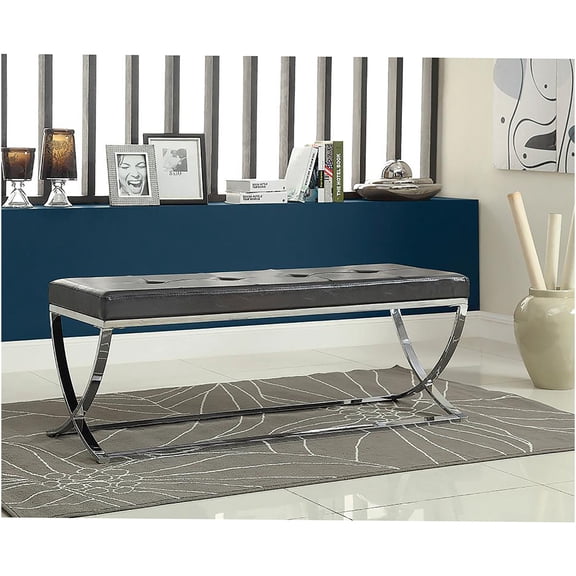 JERFIT Modern Upholstered Bench with Chrome Curved Legs, Black Leatherette Entryway Seating for Living Room, Hallway, Foyer