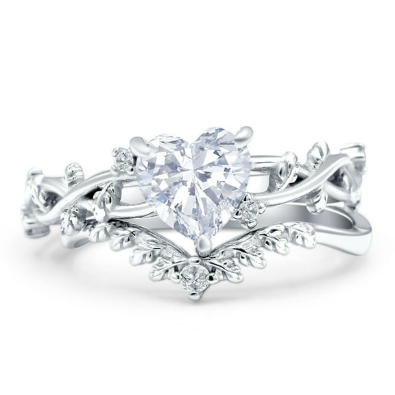 Two Piece Chevron Contour Band Set Heart Ring CZ 925 Sterling Silver Size 5