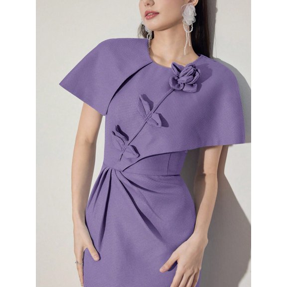 Purple Womens Elegant Mid-Length Dress With 3D Floral Embellishment And Cape Sleeve