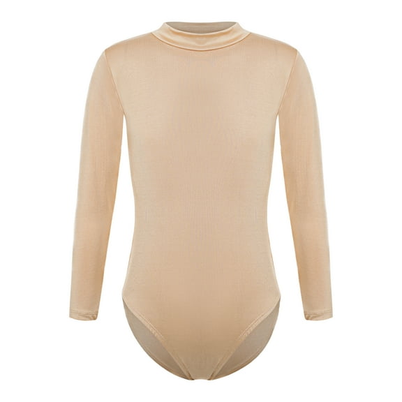 iiniim Kids Girls Long Sleeve Gymnastics Leotard Ballet Dance Nude Unitard One Piece Bodysuit Mock Neck Nude 100