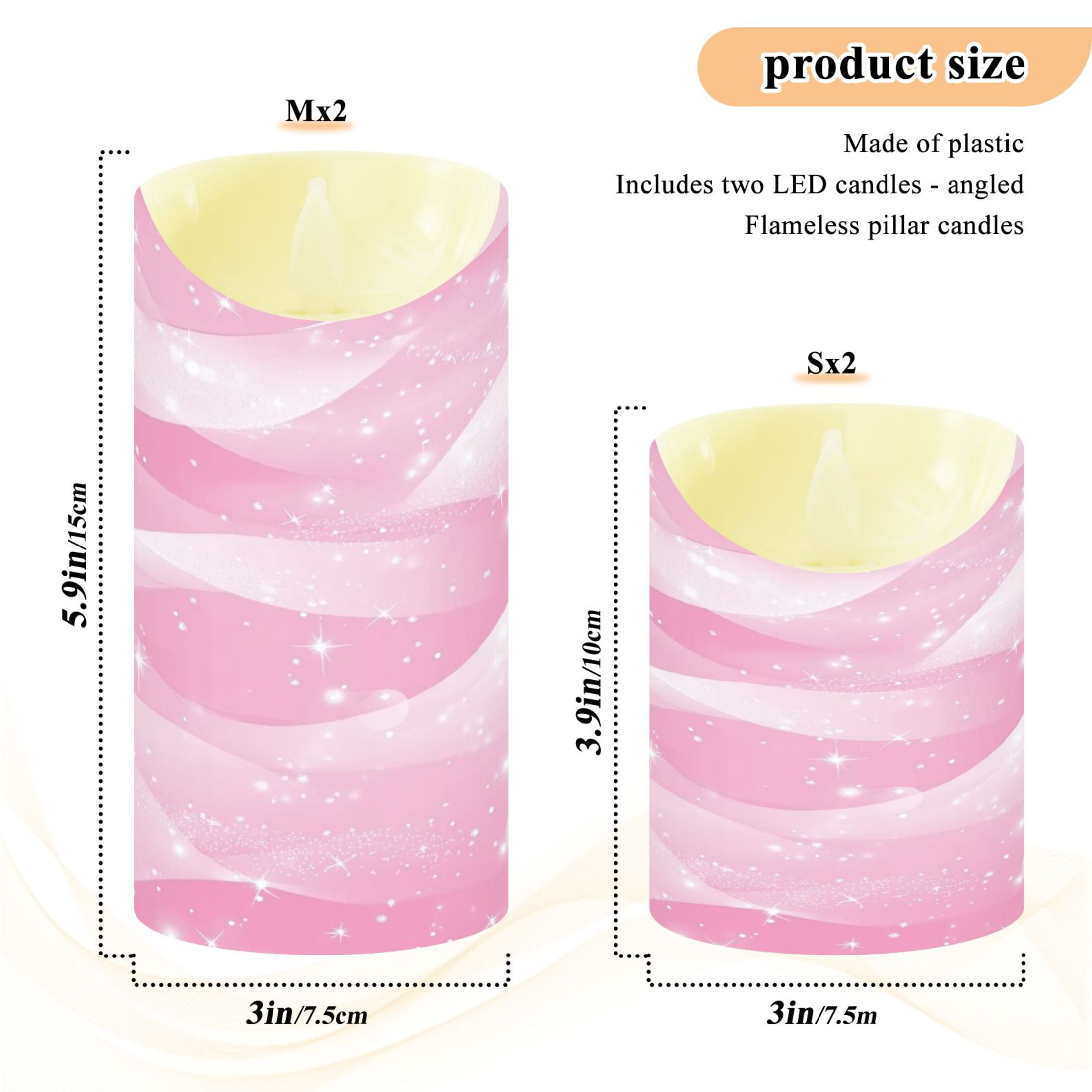 2 PCS Tilted Flameless Candles Flickering LED Lights Battery Operated Candles with Remote Timers for Holiday Decor Pink Stars and Waves