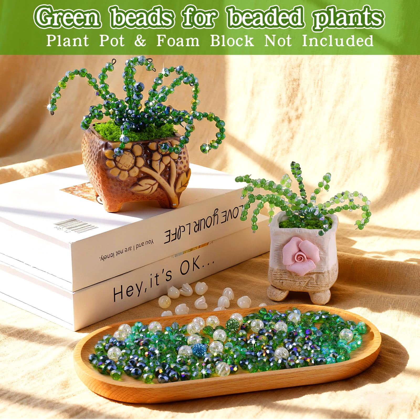 5500 Pcs DIY Beaded Plant Kit, Forever Plant Beaded Leaf Flower Beads Plant Making Equipped ,Green Glass Crystal Waterdrop