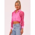 thumbnail image 3 of Blusa delantera con botones para mujer, dobladillo con lazo, cuello en punto, malla, camisa de manga larga transparente, top Rosa Caliente M, 3 of 6