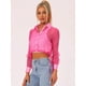 thumbnail image 3 of Blusa delantera con botones para mujer, dobladillo con lazo, cuello en punto, malla, camisa de manga larga transparente, top Rosa Caliente M, 3 of 6