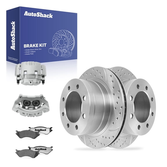AutoShack Rear Vented Drilled & Slotted Silver Zinc Coated Brake Rotors   Ceramic Pads   Calipers 8-PC Brake Kit Replacement for 2006-2008 Dodge Ram 1500 SilverShield Pro 13.86" (352 mm)