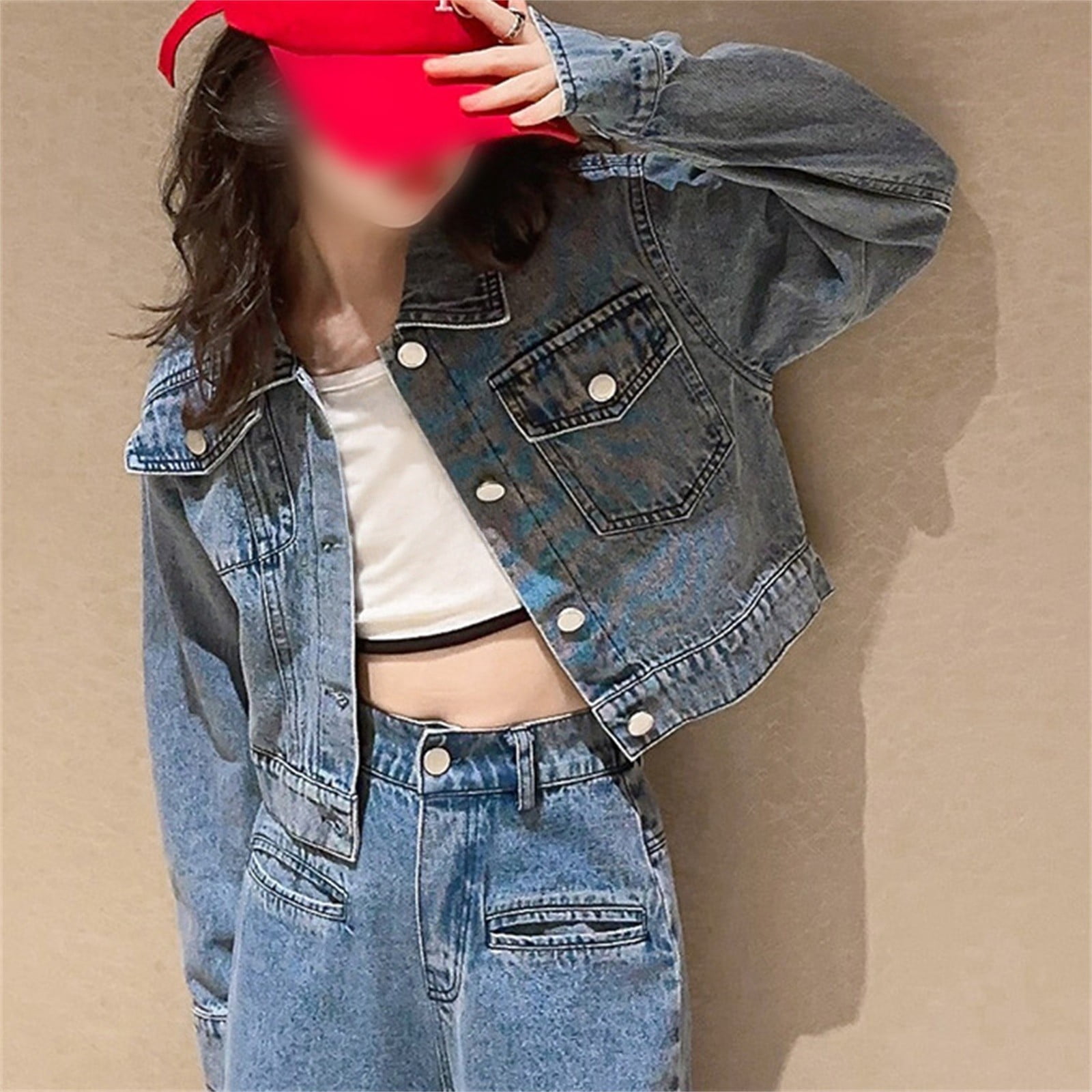 EnJoCho Teen Girls Crop Denim Jacket Solid Lapel Button Down Long Sleeve Windproof Casual Coat Pockets Outerwear Jean Jacket