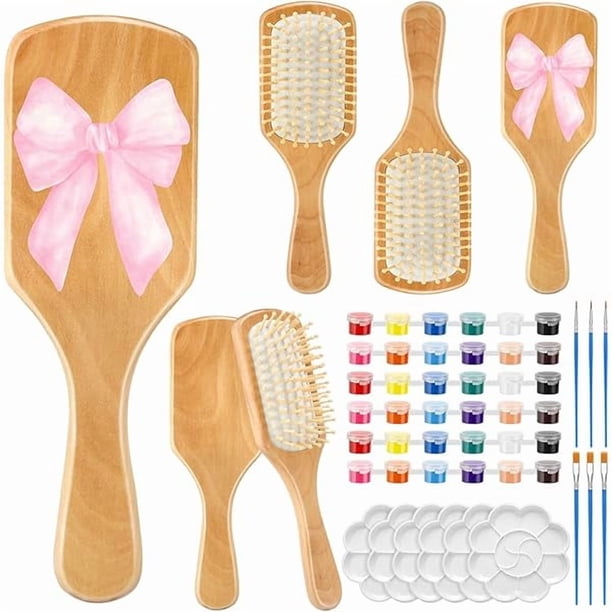 wonima11 6 Set DIY Wooden Hairbrush Painting Kits Make Your Own Hair Brush Girls Hand-Painted Hairbrush Night Party Supplies with Paint Brush and Palette for DIY Gift Party Crafts