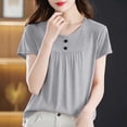 thumbnail image 3 of Tops de Manga Corta de Mujer Casual Botón de Color Sólido Plegado Cuello Redondo Suéter de Moda para el Hogar Y el Uso Diario, 3 of 6