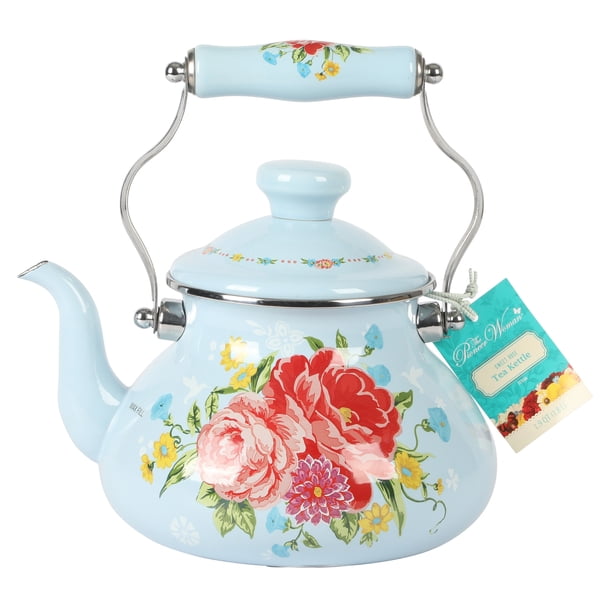 The Pioneer Woman Sweet Rose 2-Quart Blue Enamel on Steel Tea