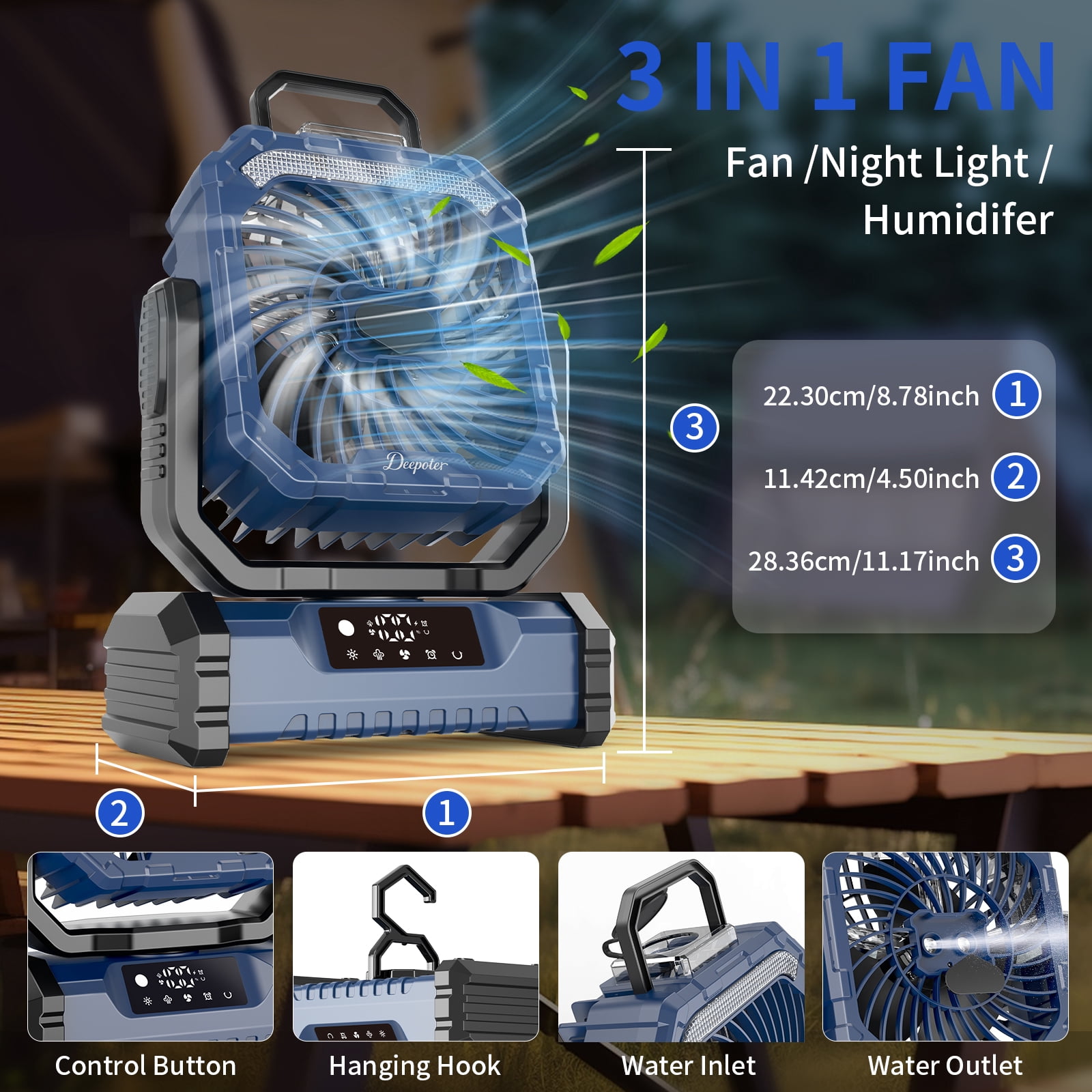 Camping Fan with LED Light, 20000mAh Battery Operated Rechargeable Camping Misting Fan with Hanging Hook, Outdoor Tent Cooling Mist Fans for Home, Office, Car RV, Garden, Travel, Beach - Blue