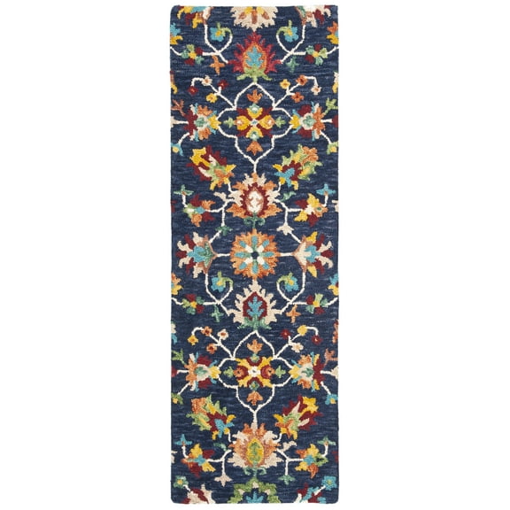 SAFAVIEH Aspen Magdalena Floral Bordered Wool Runner Rug, Navy/Red, 2'3" x 13'