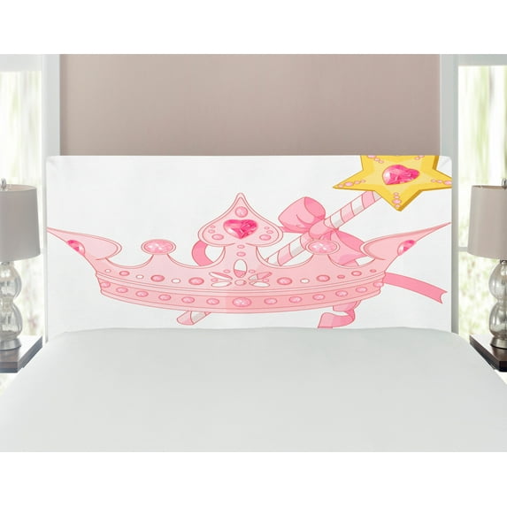 Cartoon Headboard, Crown and Magic Wand for true Cartoon Ribbon Golden Yellow Antique Art, Upholstered Decorative Metal Bed Headboard with Memory Foam, Full Size, Pale Pink Yellow, by Ambesonne