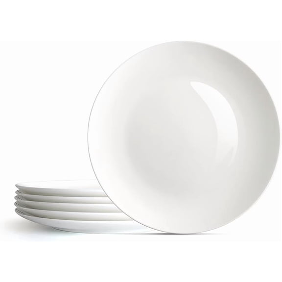 Dinner Plates Set Of 6 - 10.5 Inch Kitchen Tableware Collection - Contemporary Round Porcelain Tablewar - Microwave - Dishwasher and Oven Safe - Scratch Resistant Deep Plates - White