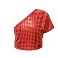 thumbnail image 4 of ZACPNCV Kids Girls One Shoulder Short Sleeve Dance Crop Top Shiny Sparkly Hip Hop Streetwear Cropped T-Shirts Dancewear Red 9-10 Years, 4 of 5
