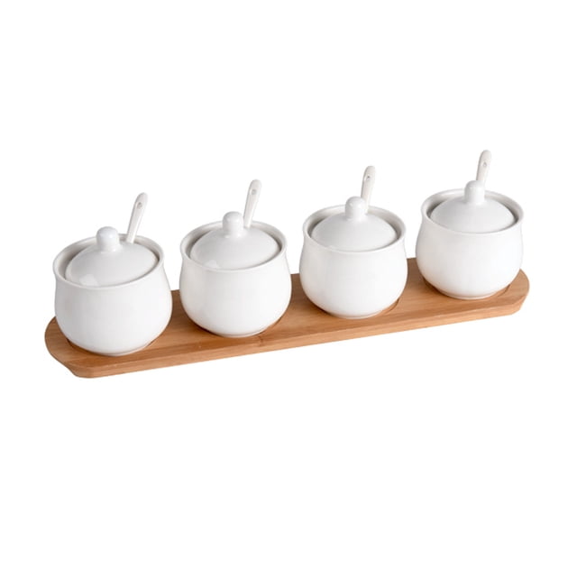 Ceramic Sugar Bowl With Lid, Porcelain Sugar Pot With Spoon, Small Salt Pot, Storage Jar , For Coffee Bar, Restaurant-White-4 Set