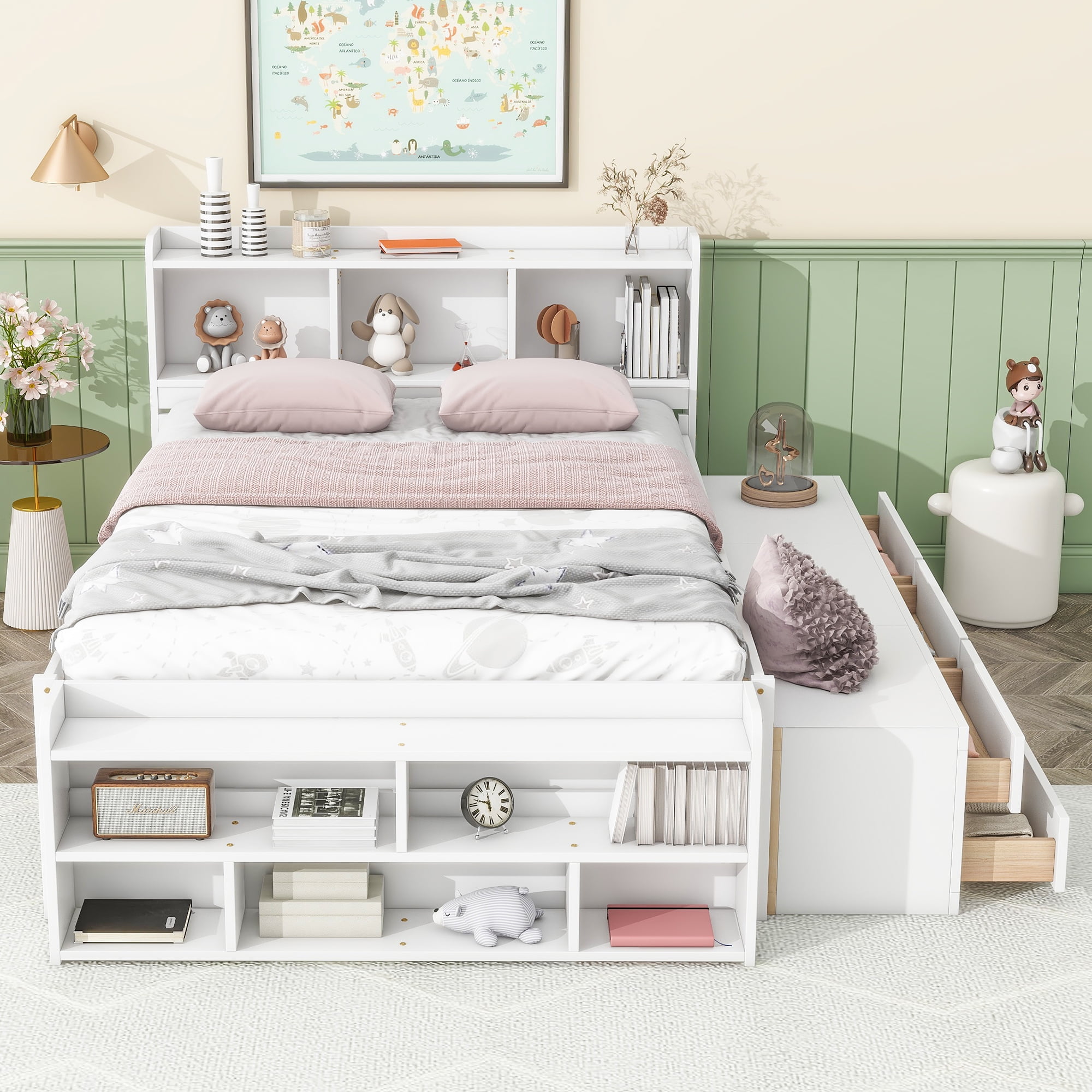 Sailvan Full Size Platform Bed Frame with Bookcase Headboard, 6 Storage Drawers and Bed End Case White