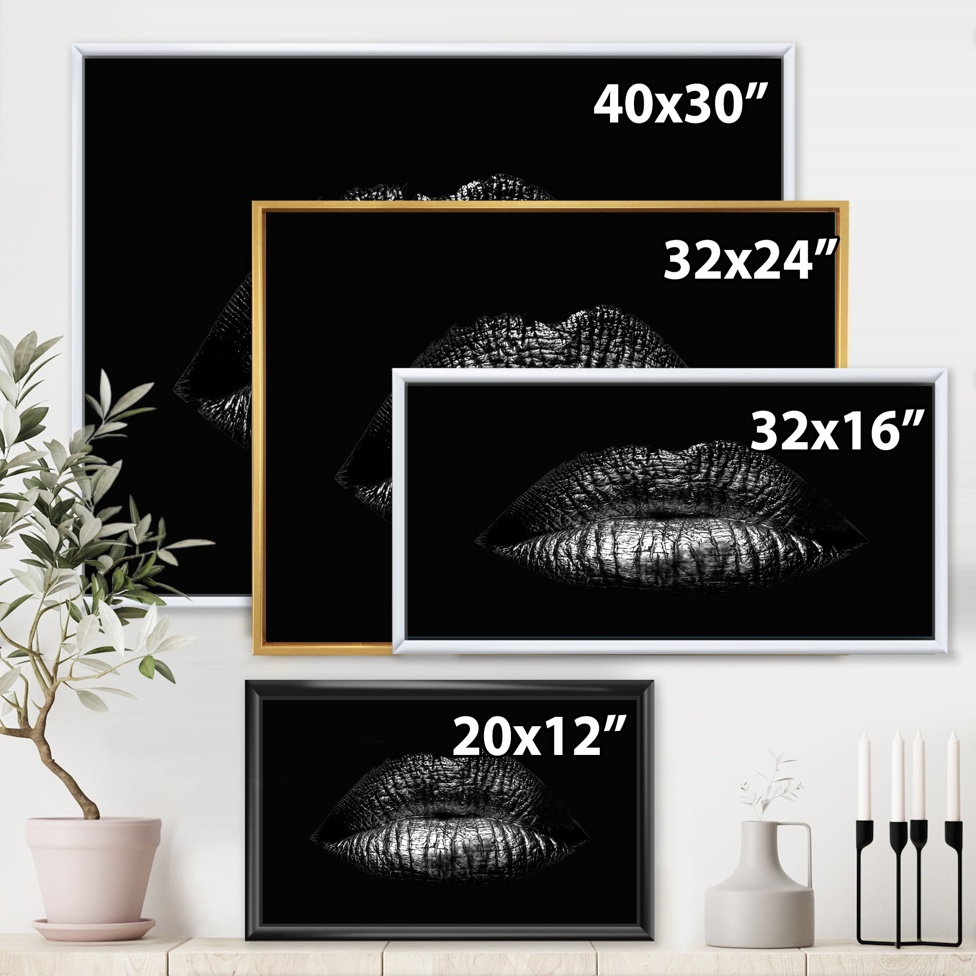 Designart 'Sexy Golden Metallized Woman Lips I' Modern Framed Canvas Wall Art Print
