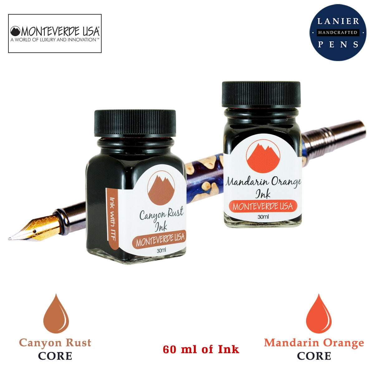Monteverde 60ml Core Fountain Pen Ink Bottle (30ml Canyon Rust Ink Bottle G309CP, 30ml Mandarin Orange Ink Bottle G309MO)