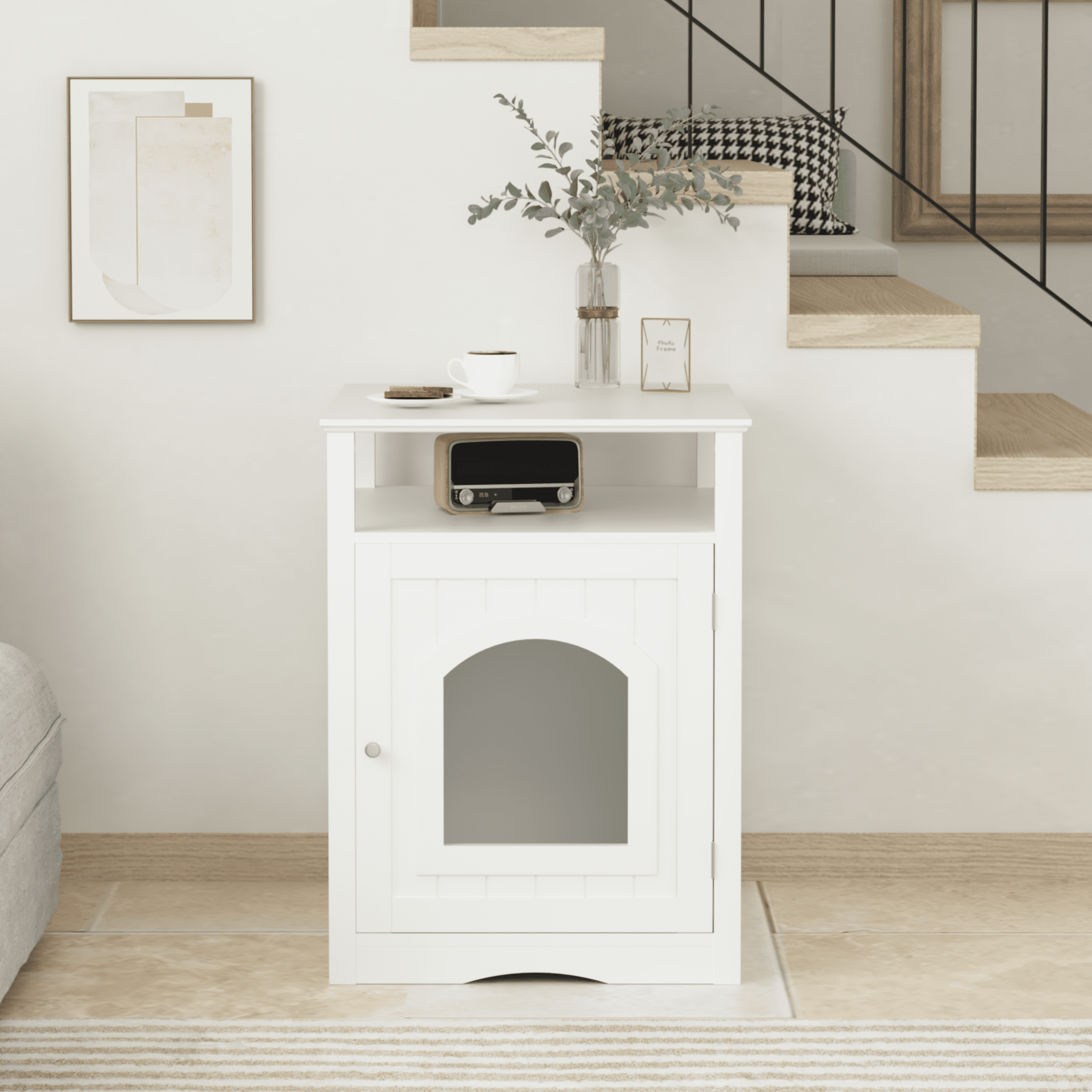Garmic Modern Cat Condo Side Table with Open Top Shelf & Side Hook, Indoor Wooden Cat House with Enclosed Cabinet,  for Cat Litter Box Enclosure Living Room & Bedroom, White