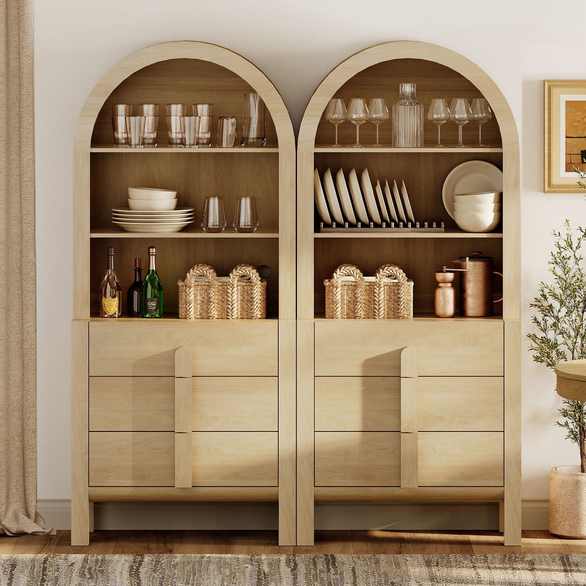 71" Tall Arched Kitchen Pantry Cabinet Set of 2, Wood Bookcase Display Cabinet With Drawers And Open Arched Shelves, Mid-Century Modern Versatile Cupboard For Dining Room, Bedroom