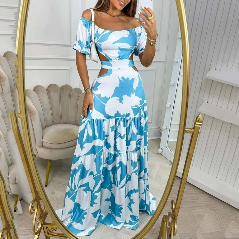 Kayannuo Dresses For Women 2023 Back to School Clearance Sun Dresses Women  Summer Casual Fashion Casual Printed Short Sleeve Off-The-Shoulder Dress