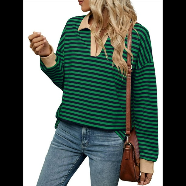 Sudaderas A Rayas de Talla Grande para Mujer, de Larga, con Cuello de Solapa, Informales, Suaves, Tipo Pulóver, Camisetas Verde L