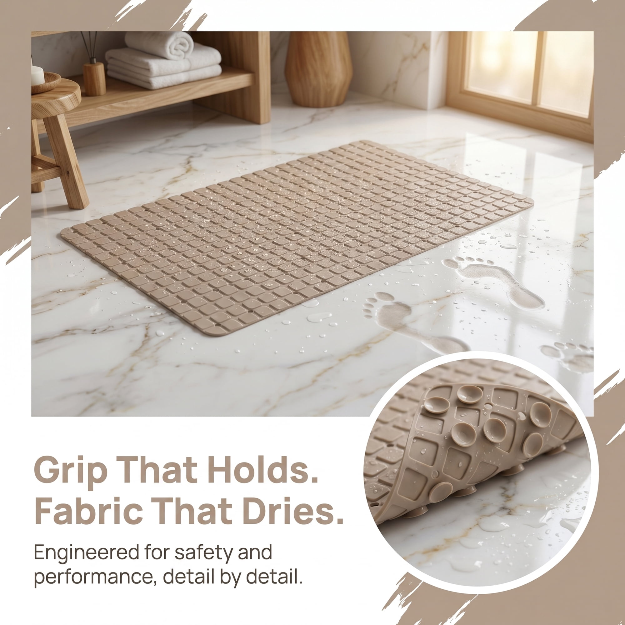 Unique Bargains Non-Slip Bathtub Mat with Strong Suction Cup and Quick Dry Brown 28" x 16"