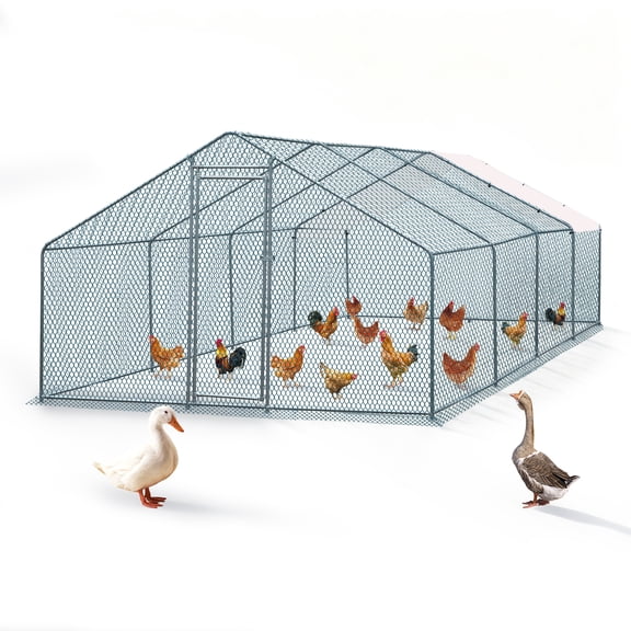 Ktaxon 25.6x9.8x6.2ft Peak Walk-in Chicken Coop, Heavy Duty Metal Run with Waterproof & Anti-UV Cover
