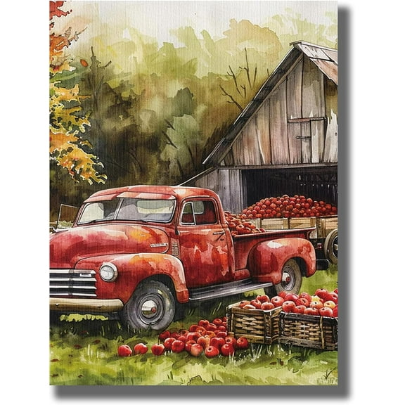 Rustic Autumn Farmhouse Canvas Wall Art, Vintage Red Truck and Apples Poster Prints, Country Wall Art Harvest Seasonal Decor For Living Room, Kitchen, Office, Unframed 12x16inch