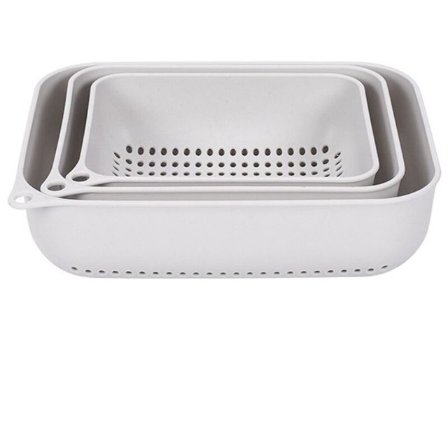 Cesta de lavado de drenaje de plástico PP rectangular para el hogar, cesta de almacenamiento de frutas y verduras, 3 piezas/juego, color blanco