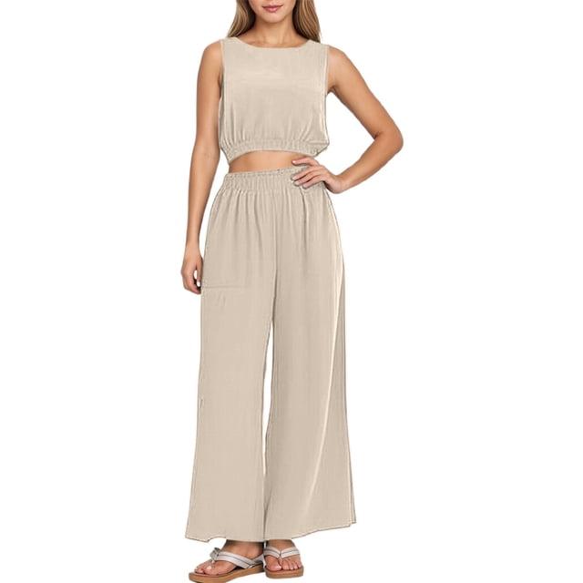 Conjunto informal de dos piezas para mujer con cuello redondo, sin mangas, cintura alta y pernera ancha - Top con dobladillo elástico - Pantalones de corte holgado - Versátil para looks informales