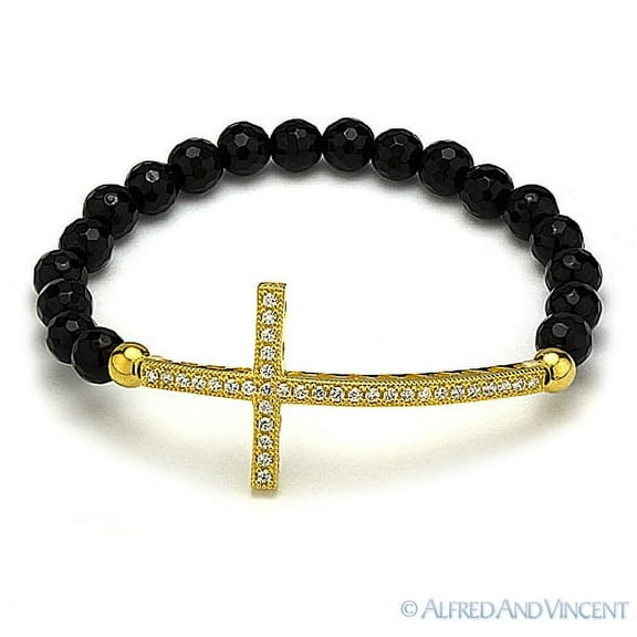 CZ Crystal Cross Charm in .925 Sterling Silver & Black Onyx Stretch Bracelet