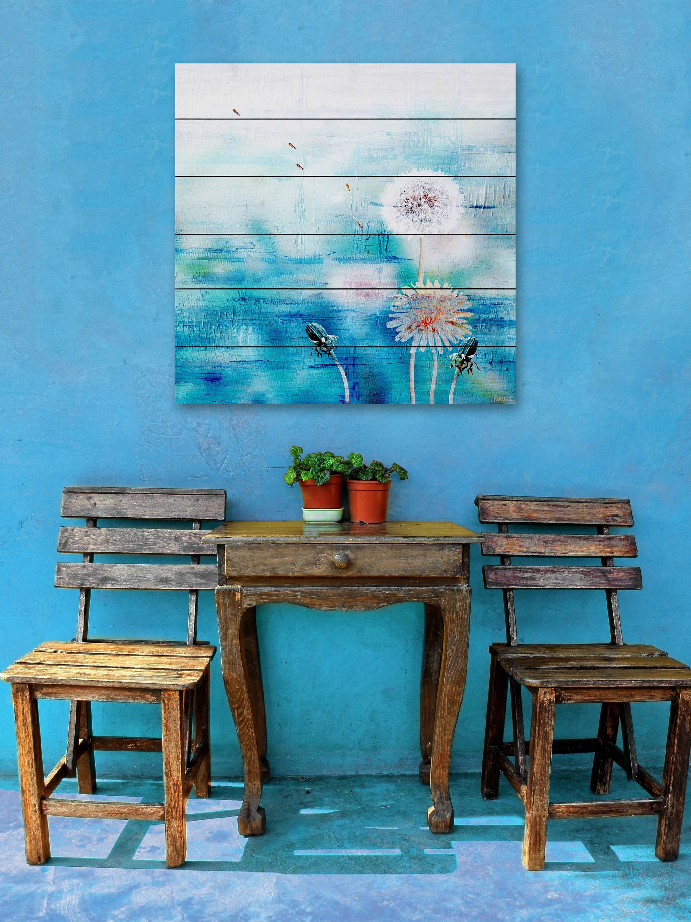 "Dandy Puffs on Blue" Painting Print on White Wood