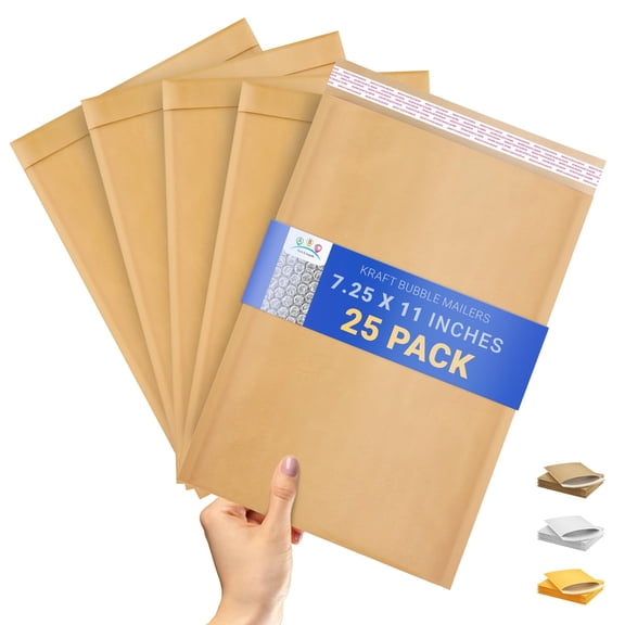 Kraft Bubble Mailer, Natural Brown Tear Resistant Paper Shipping Envelopes, 25 pack, 7.25 x 11 in