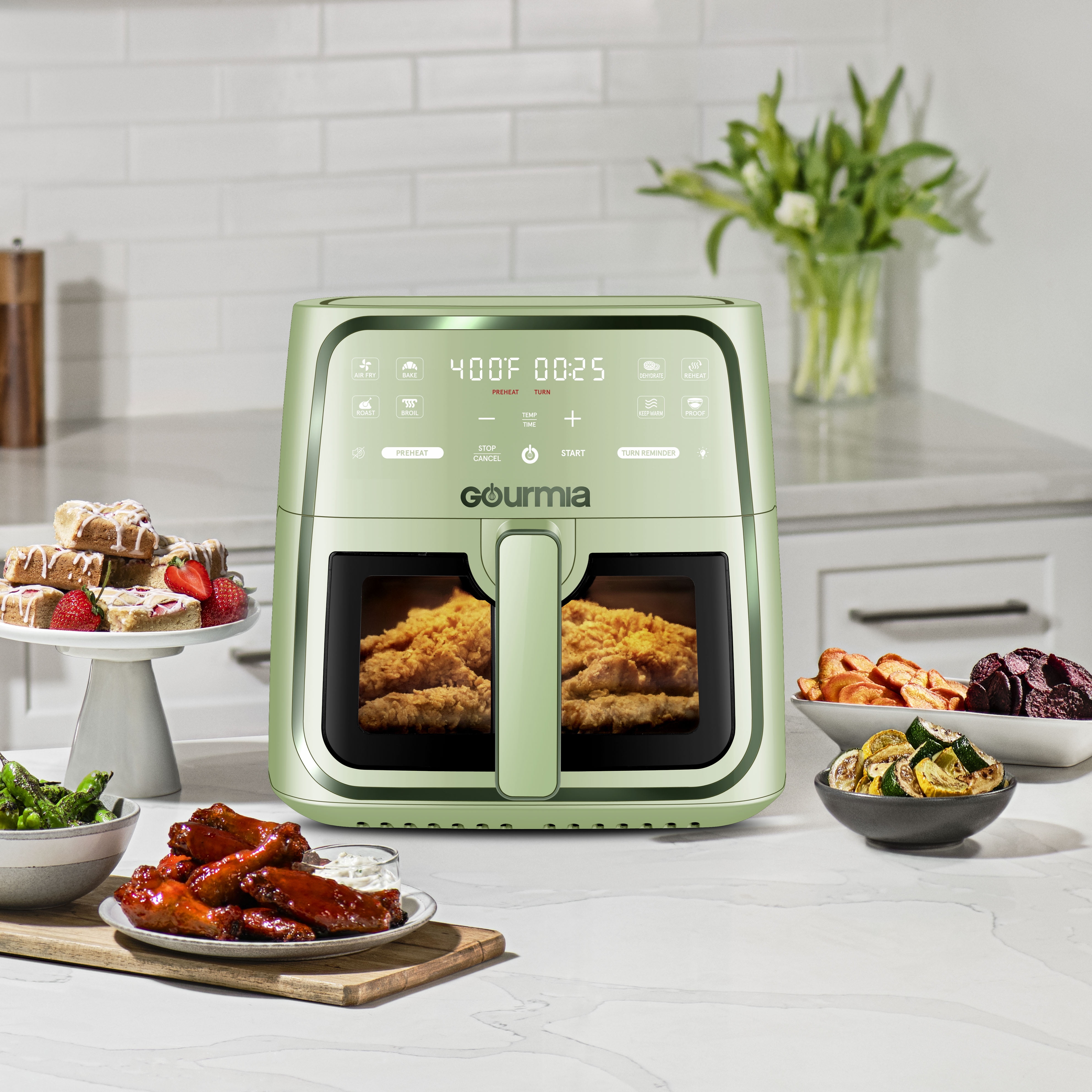 Gourmia 8 Qt Air Fryer, 8 Presets with Digital Display, FryForce 360° Technology, Easy View Window & Interior Light, Dishwasher Safe Basket, Green