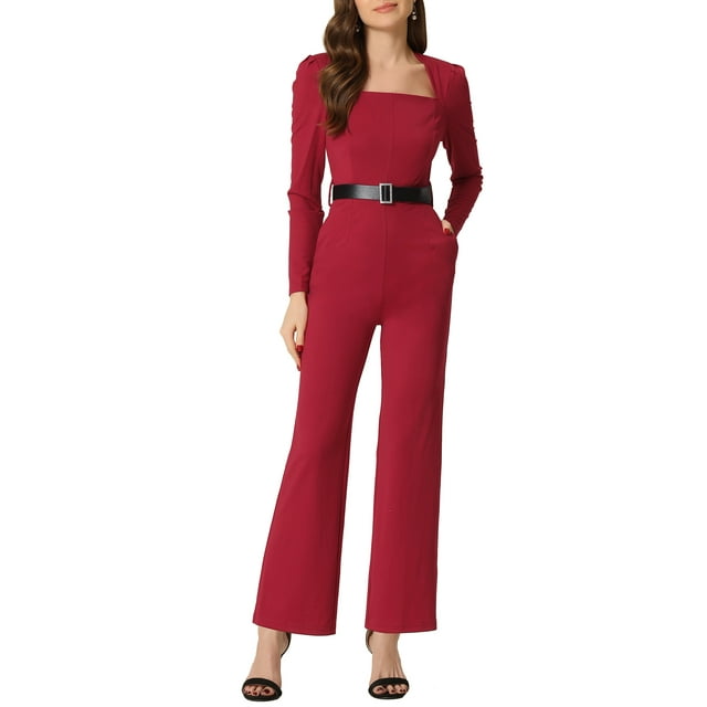 INSPIRAR CHIC Mono Elegante para Mujeres Cuello Cuadrado de Manga Larga Pantalones Anchos Vestido Romper L Rojo