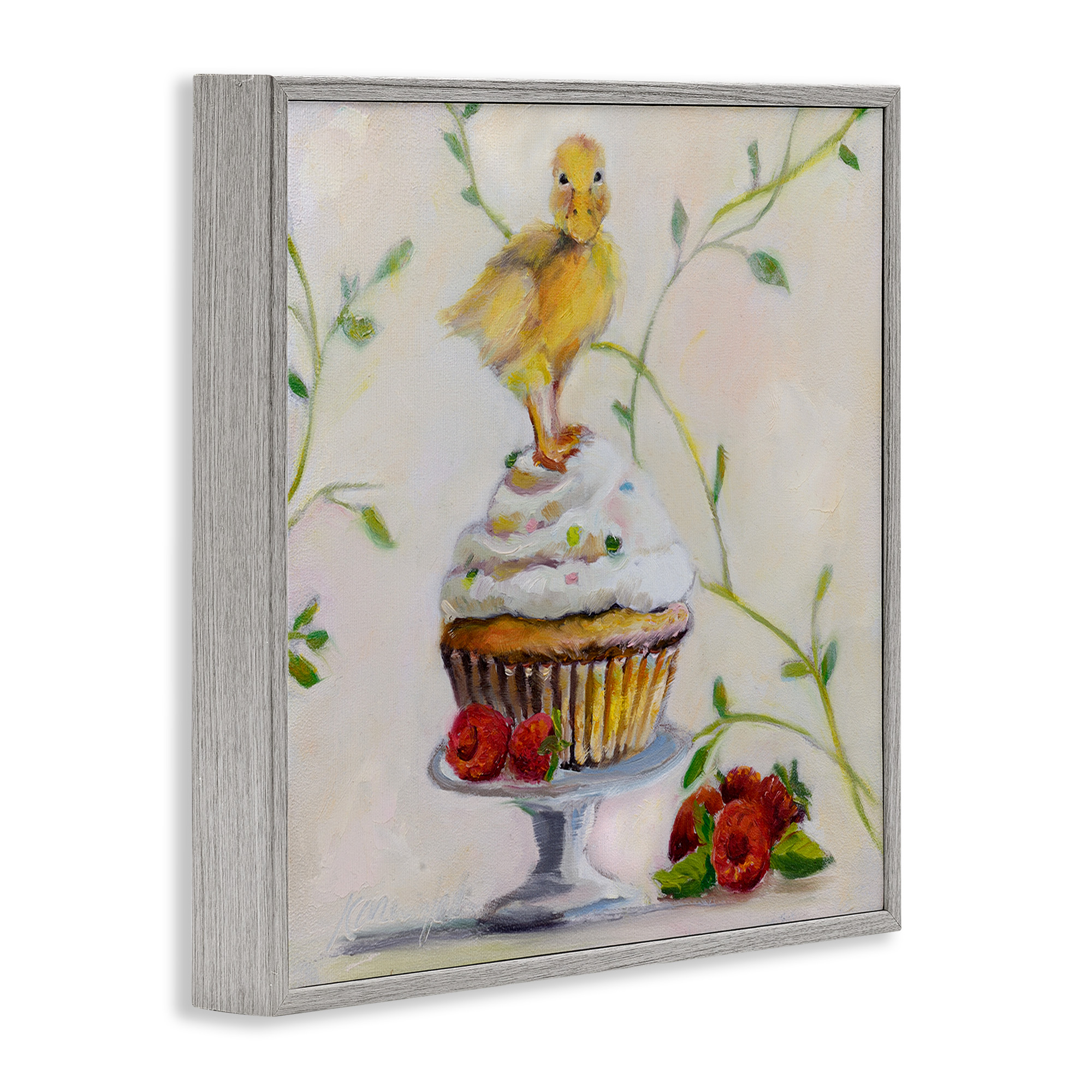 Stupell Industries Baby Duck on Raspberry Cupcake Animals & Insects Painting Gray Framed Art Print Wall Art, 17 x 17