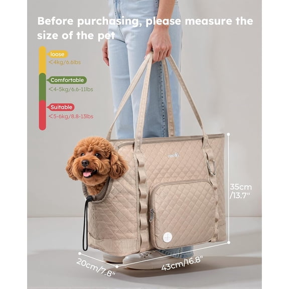 Dog Purse Carrier, Dog Carrier with Pockets for Small Dogs, Fits Dogs 7 lbs to 13 lbs, Cat and Puppies Tote Bag, Outing, Travel, Vet, ,16.9" L x 7.9" W x 13.8" H, Khaki
