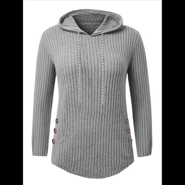 Sudadera con Capucha de Punto Acanalado Suave para Mujer, Suéter de Larga, Sudadera Ligera y Acogedora para Otoño. Gris XXL