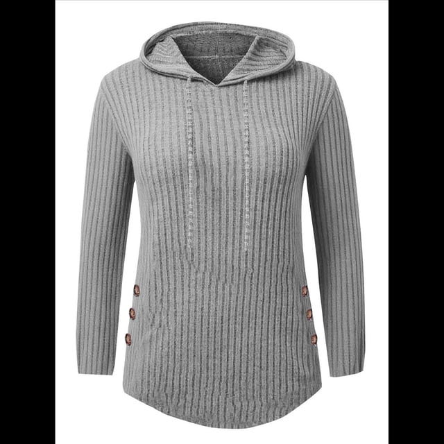Sudadera con Capucha de Punto Acanalado Suave para Mujer, Suéter de Larga, Sudadera Ligera y Acogedora para Otoño. Gris L