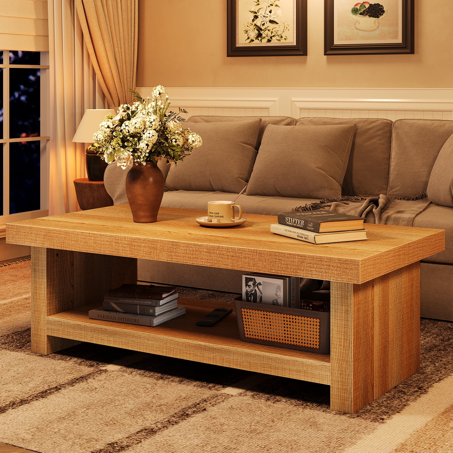 47" Rectangle Farmhouse Coffee Table, 2-Tier Storage Center Tables, Wooden Rectangular Table, Low Cocktail Tea Table for Living Room, Thick & Sturdy Base, Easy Assembly, Natural