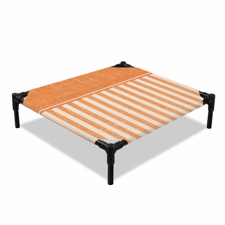 Rustic Linen Pattern Elevated Dog Bed Burnt Orange Vertical Stripes Minimalist Cooling Breathable Outdoor Raised Dog Cot Bed with Metal Frame Non-Slip Feet for Small Dog 20x20in