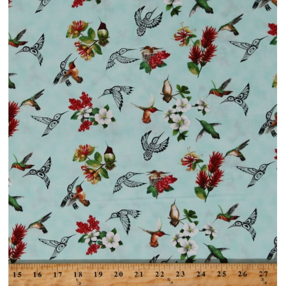 Cotton Hummingbirds Birds Animals Flowers Floral Nature Hummingbird Vision Jade Cotton Fabric Print by the Yard (29000JADE)